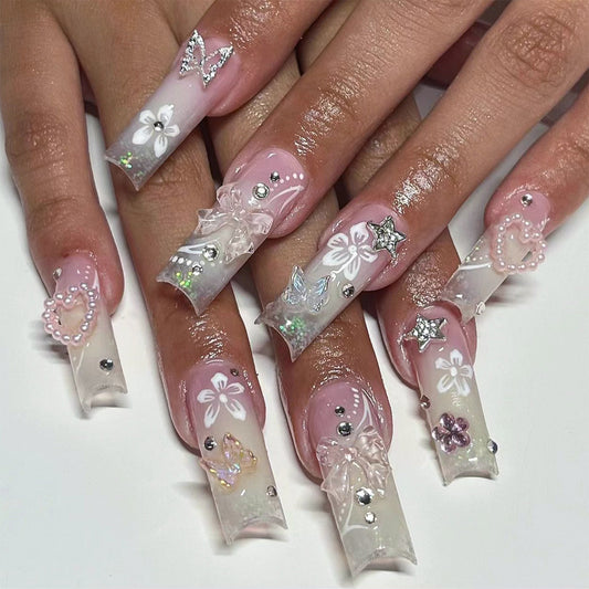 FM64 Pearl Heart Pink White Gradient Nails