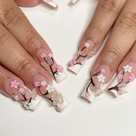 FM45 White French Butterfly Flower Nails