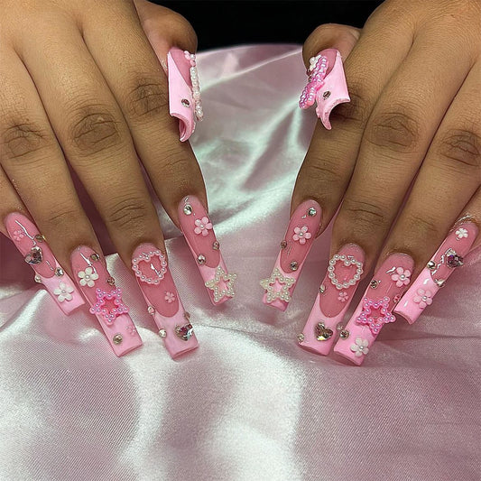 FM46 French Barbie Pink Dot Diamond Nails